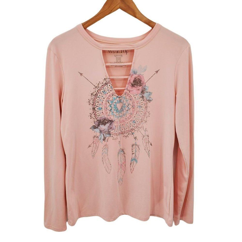 Pink Dreamcatcher Long Sleeve Top Womens Sz L Western Feathers Tribal V-Neck